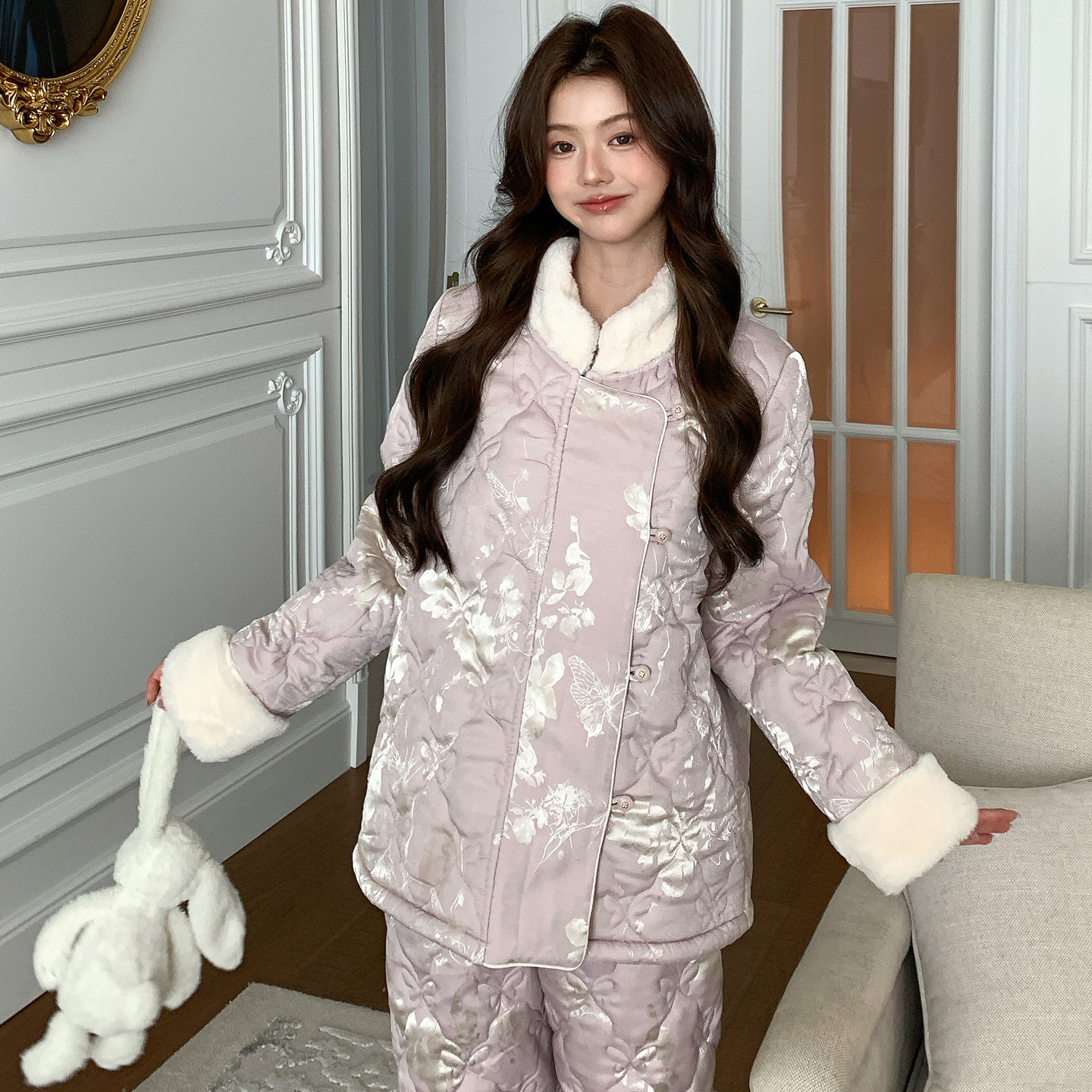 冬季保暖夹棉加厚睡衣套装高级感