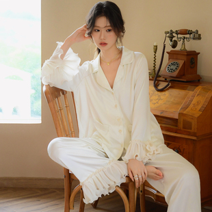 春秋性感高级感法式睡衣女冰丝蕾丝长袖宫廷风女款家居服套装夏季