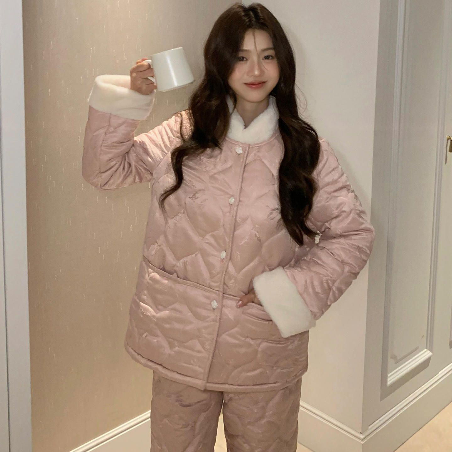 新中式三层夹棉睡衣套装国风家居