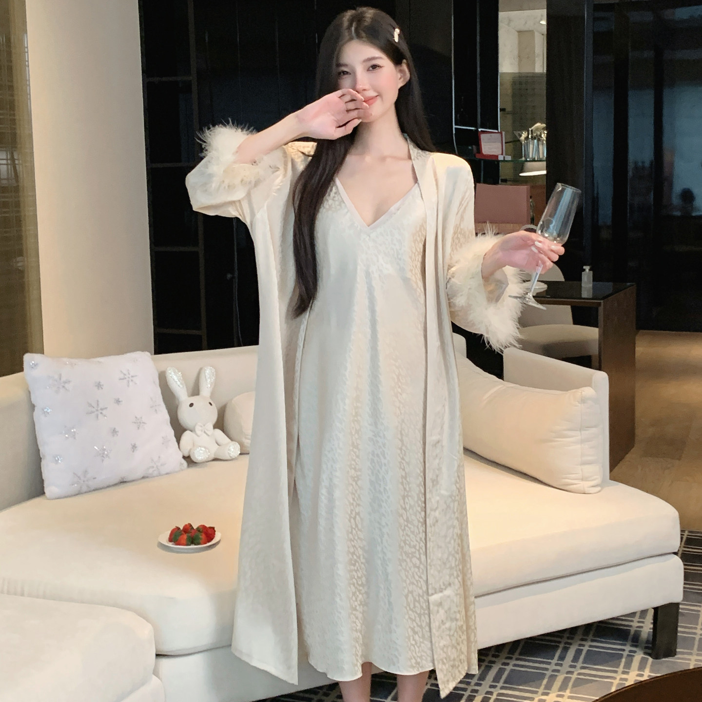 女款冰丝吊带睡衣两件套纯欲风女士蕾丝性感睡裙女带胸垫睡袍春夏