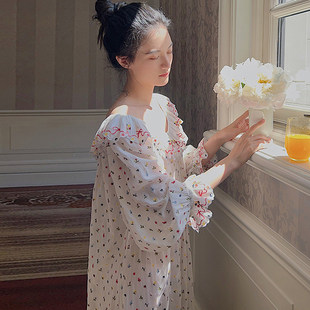 法式高级女士刺绣睡裙女款纯棉可爱公主风碎花睡衣春秋长袖家居服