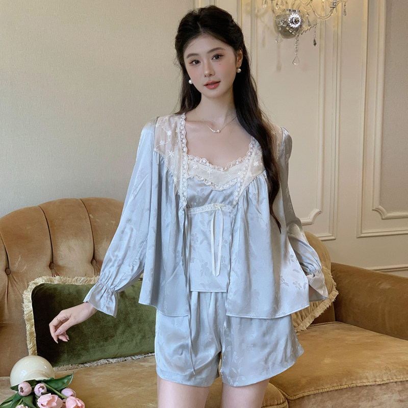 法式蕾丝女款带胸垫吊带短裤睡衣三件套女夏季冰丝性感家居服套装