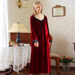 法式高级感金丝绒睡衣女冬季女款加厚宫廷风长款睡裙红色睡袍冬天