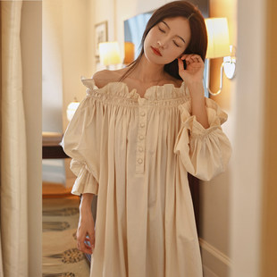 法式高级宫廷风睡衣女2026新款春秋甜美大码女款长袖纯棉睡裙长款