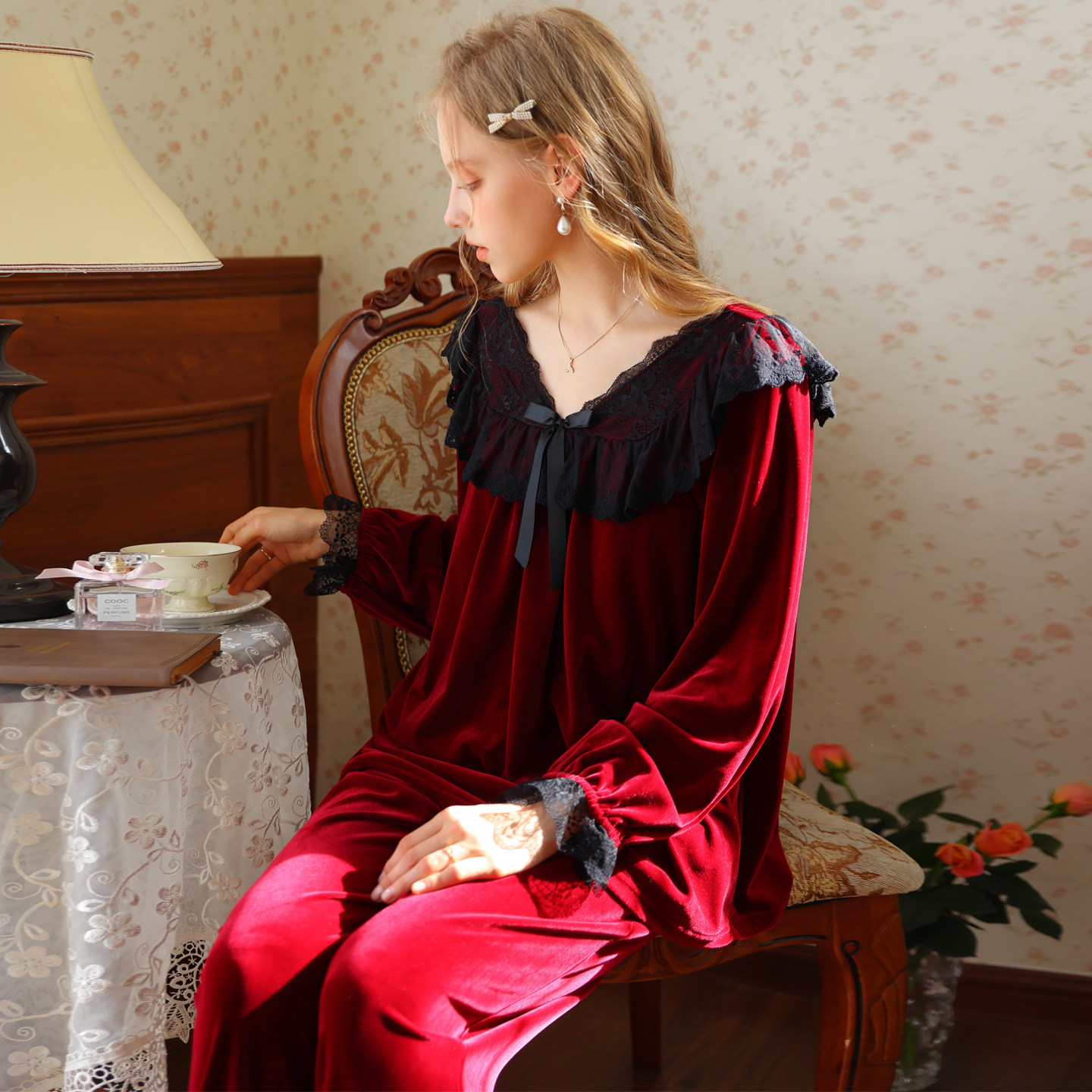 金丝绒睡衣套装家居服长袖长裤