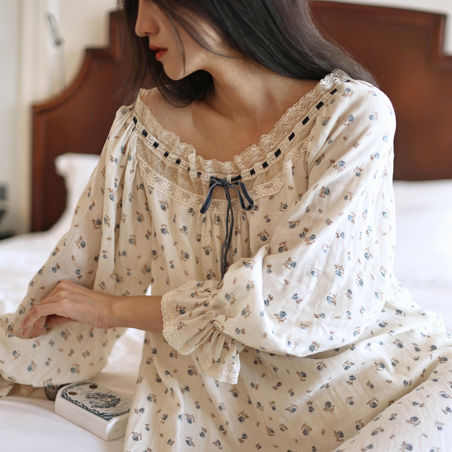 双层纱布带胸垫碎花睡裙长款春秋