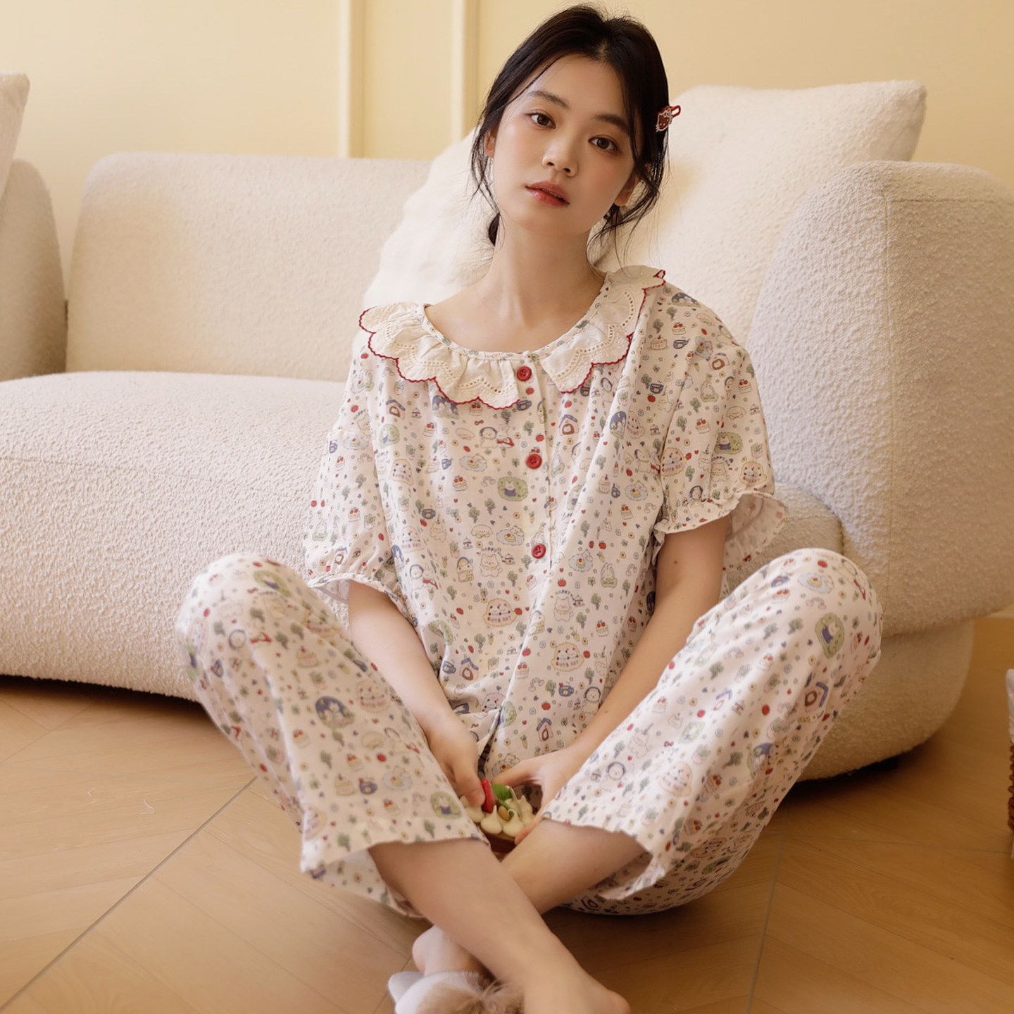 双层棉纱女款短袖长裤睡衣女2026新款夏季可爱女士纯棉家居服套装