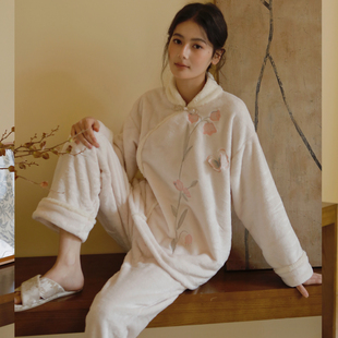 新中式珊瑚绒女款睡衣女冬季法兰绒加厚国风家居服套装冬高级感