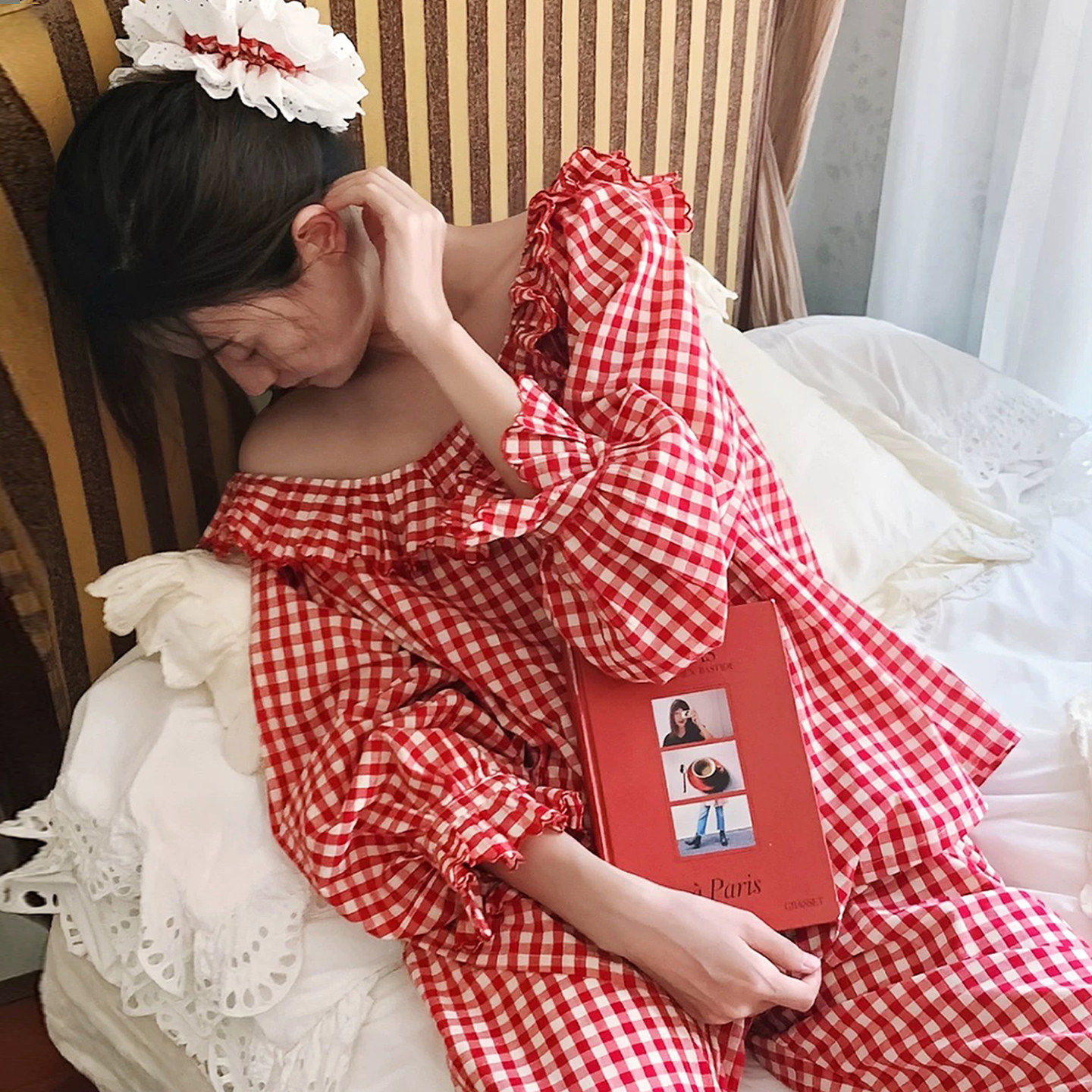 法式甜美格子纯棉睡衣女夏季2026新款可爱圆领女款长袖家居服套装