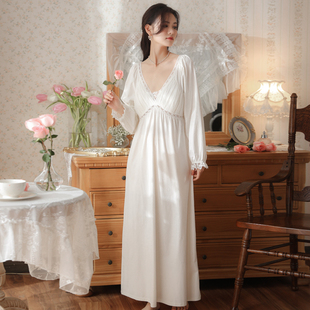女款宫廷睡裙女纯棉长袖蕾丝秋季带胸垫高级睡衣法式性感长款秋冬