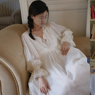 女士宫廷风睡衣女夏 高级感长袖 独特绝美蕾丝纯棉睡裙女款 2026新款