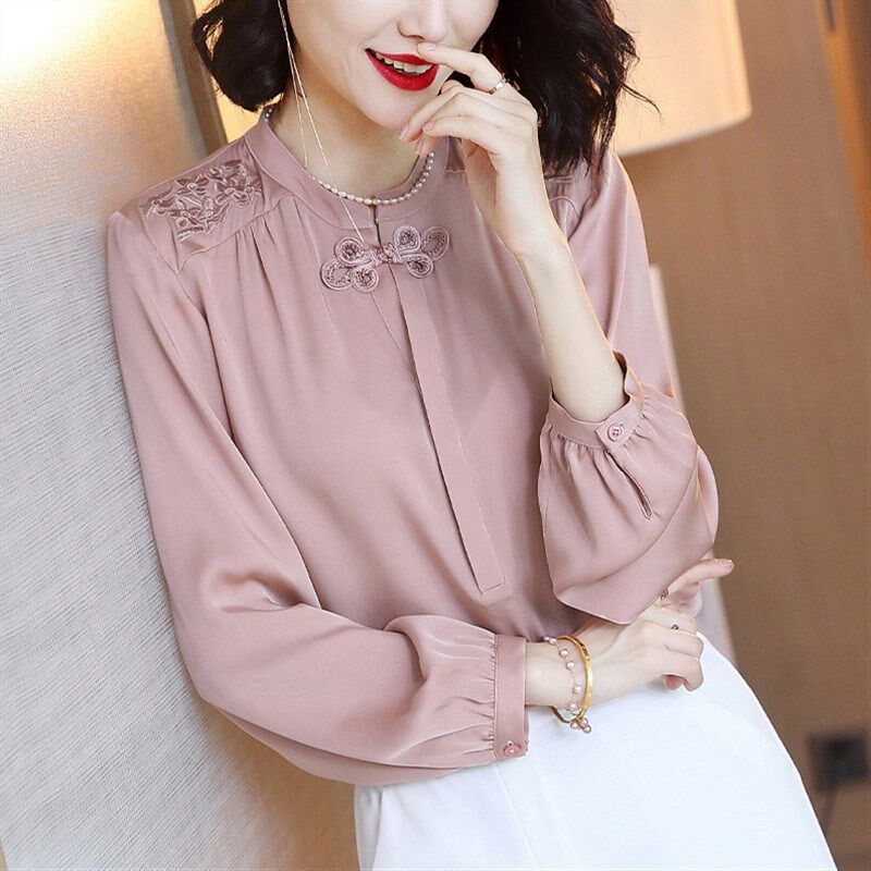 Solid silk shirts 2019 Autumn new pattern Retro Embroidery Dress shirt Satin Easy Long sleeve shirtin the Women's clothing/Boutique , Shirt  category - from Buy2taobao.com to provide professional Taobao agent buy service