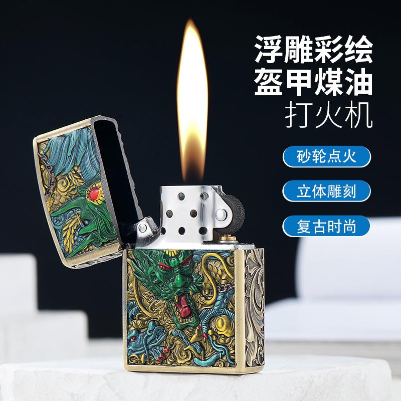 JL2011珐琅龙头升官发财珐琅彩绘关公金属防风煤油打火机礼品套装