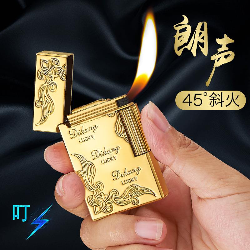 DK889复古双面雕刻侧滑砂轮朗声钢音充气侧面斜火防风时尚打火机