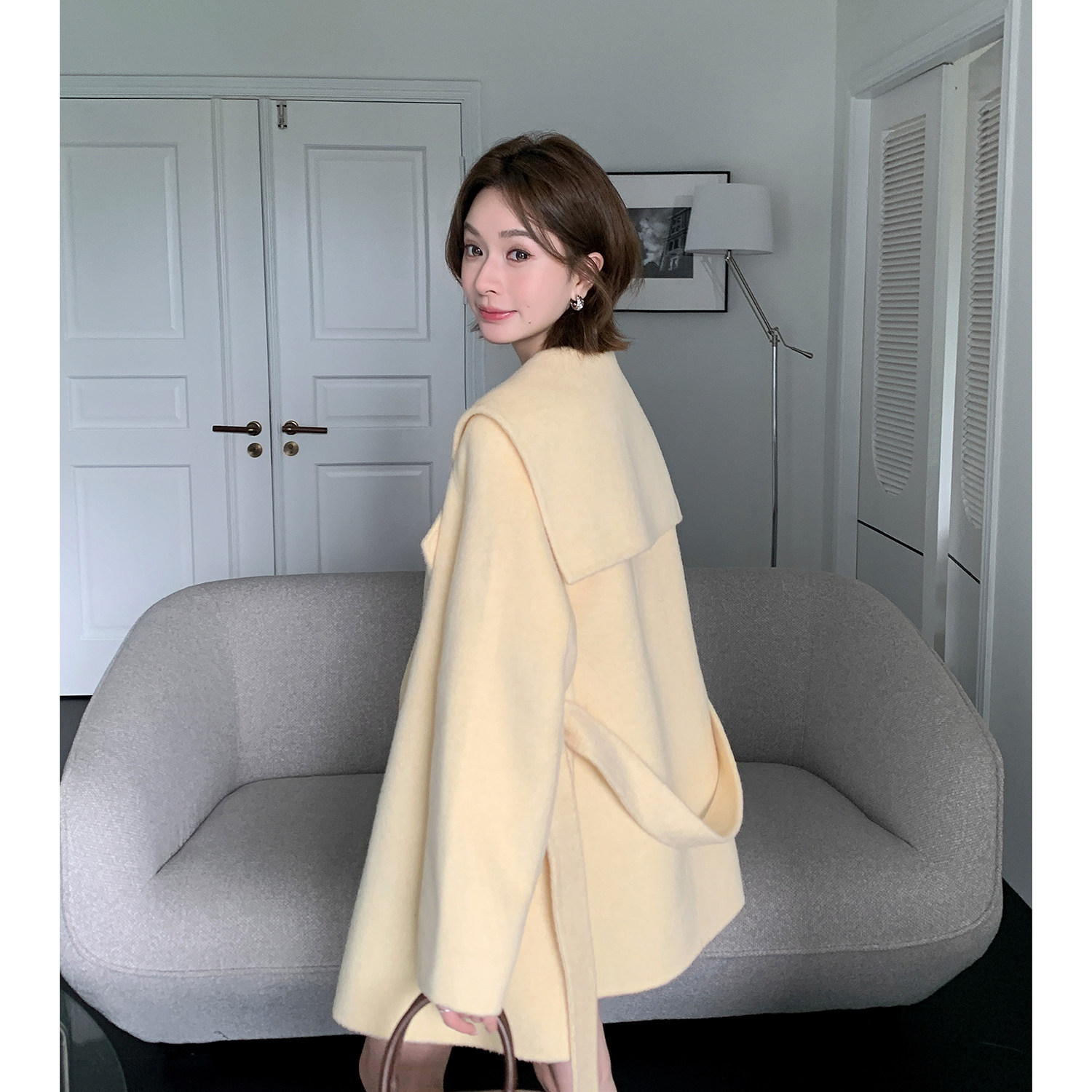海军领减龄百搭毛呢外套女中长款翻领斗篷大衣温柔慵懒风HL176