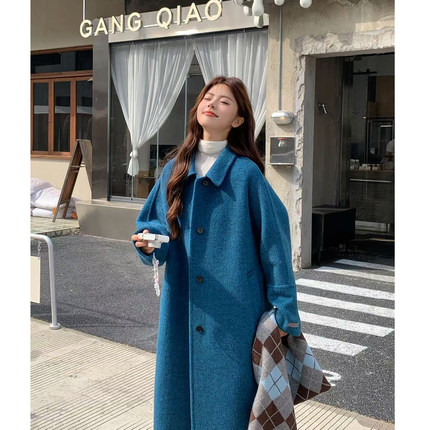 韩版克莱因蓝长款毛呢外套女单排扣高级感显瘦大衣HL159