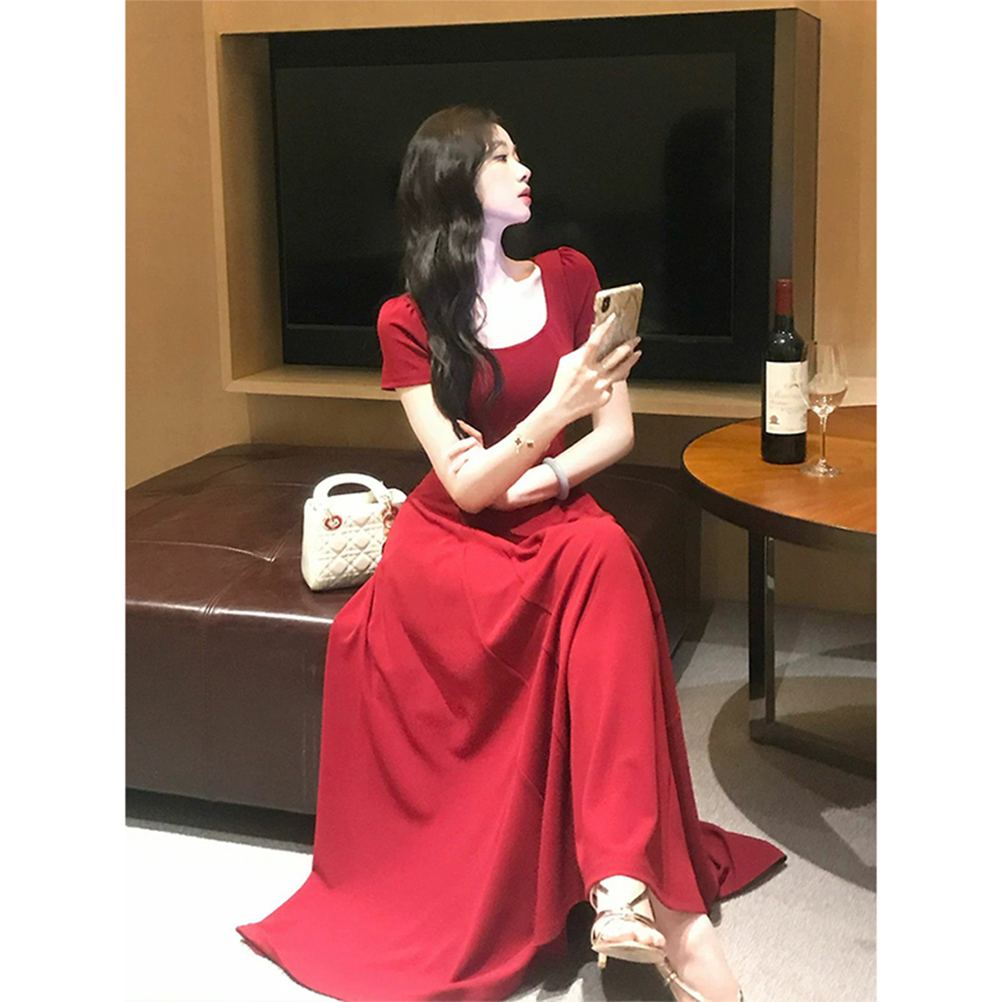 大码女装红色短袖连衣裙女胖mm法式复古显瘦气质敬酒订婚礼服长裙