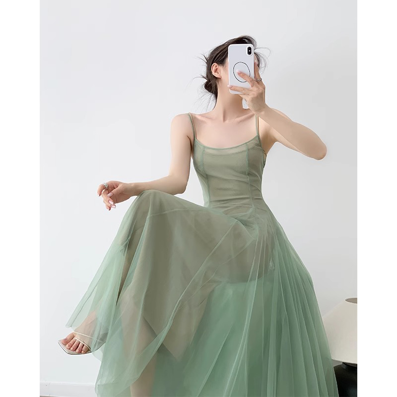 大码法式网纱吊带连衣裙