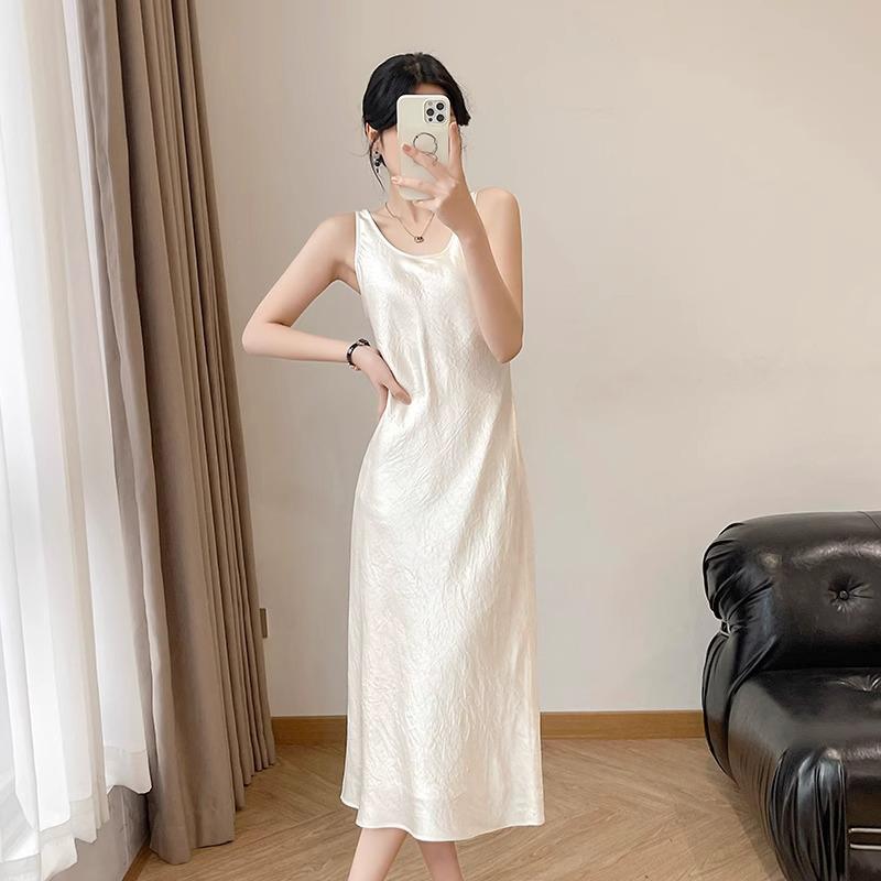 大碼女裝緞面氣質醋酸吊帶連衣裙