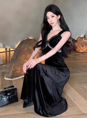 大码法式复古丝绒吊带连衣裙