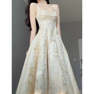 女神范生日宴会小礼服 新款 大码 气质名媛重工提花吊带连衣裙女夏季