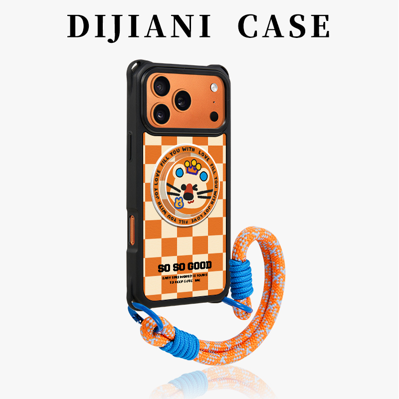 棋盘格橘狮斜挎手机壳小羊皮