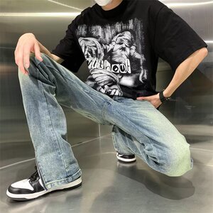 MC205-P47侧开叉牛仔裤长裤新款高腰直筒阔腿微喇叭裤拖地裤子图片
