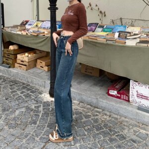 MC206-P58时尚宽松牛仔裤女2023新款双层毛边高腰修身显瘦直筒裤图片