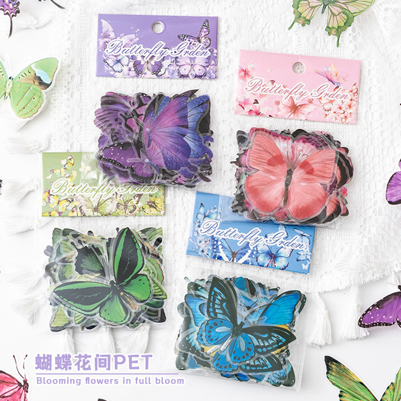 PET防水贴纸包高颜值复古3d立体唯美ins烫金蝴蝶diy手帐装饰材料儿童幼儿园咕卡相册手机壳成长手册水杯贴画图片