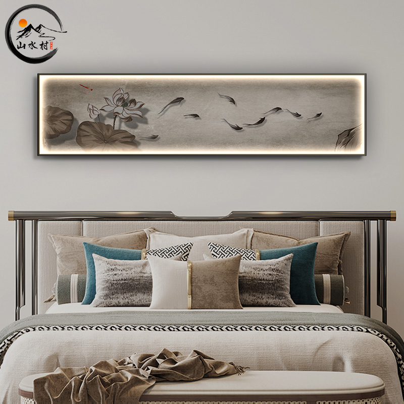新中式卧室床头装饰画房间主卧挂画led灯高档九鱼图莲花水墨壁画图片