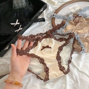 女 纯欲设计性感小香风蕾丝边缎面网纱纯棉裆三角裤 松茶可可 法式