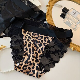 女 女生低腰豹纹纯欲蕾丝高开叉无痕三角裤 运动奶豹 性感冰丝内裤