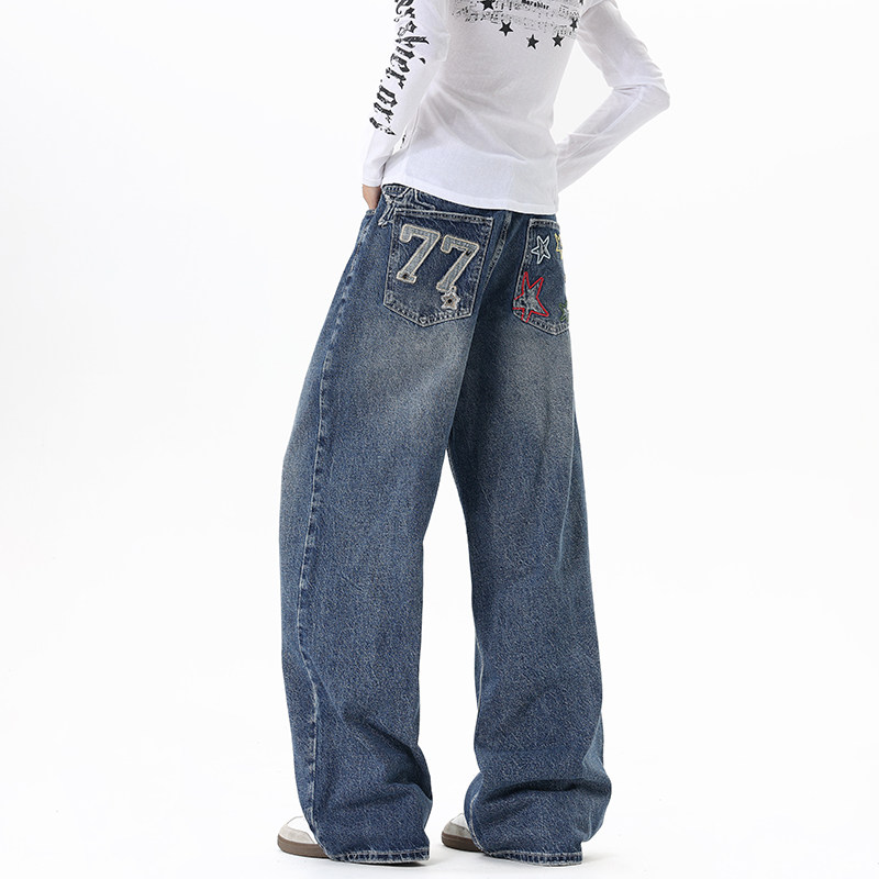 田尼克工作室ttbro叁佰oxycodone百搭oaoo星星字母贴布刺绣牛仔裤
