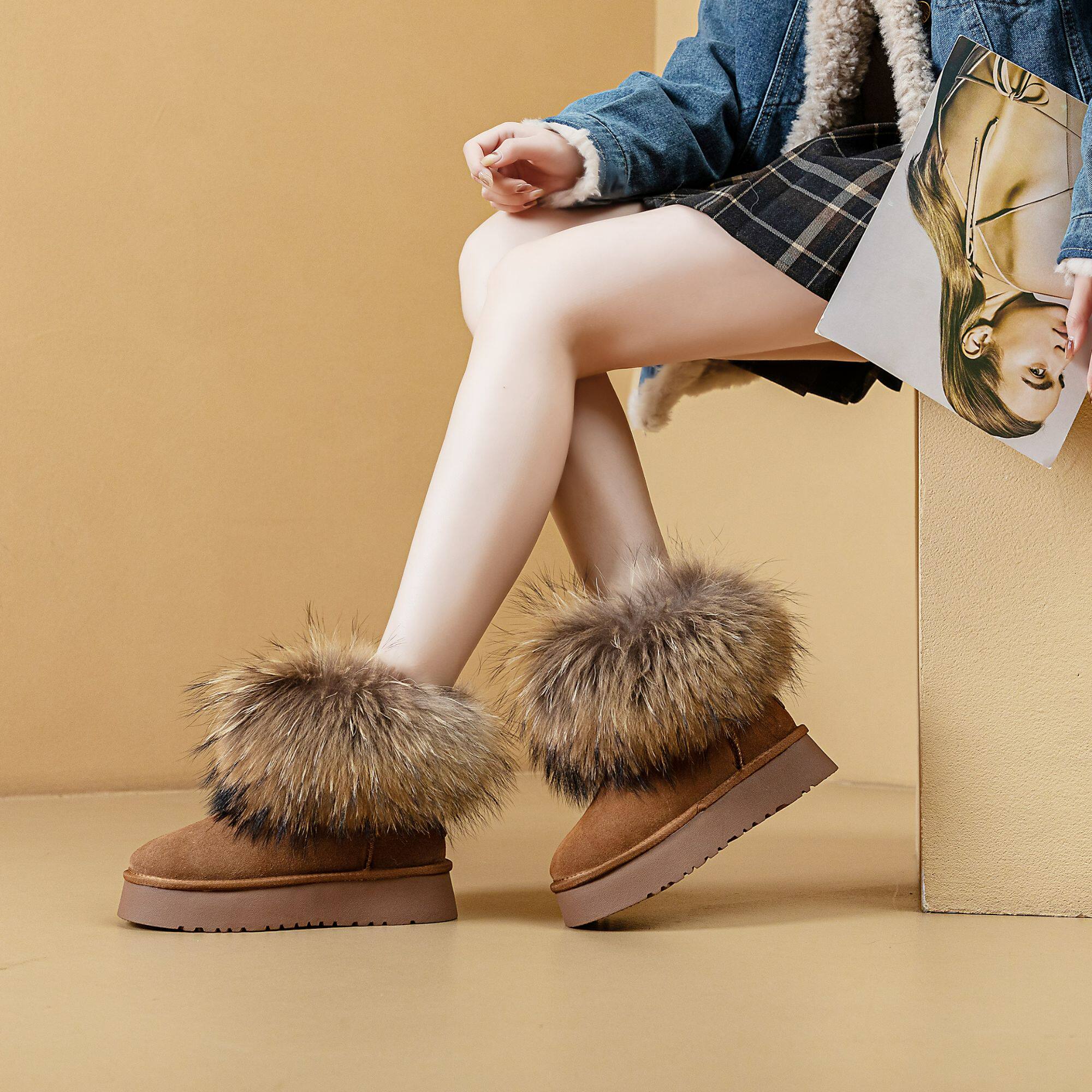 雪地靴女2025年新款冬季狐狸毛貉子毛厚底短筒雪地棉鞋保暖面包鞋