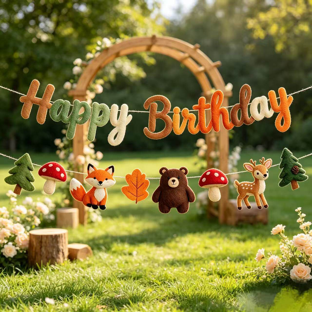 狐狸小熊小鹿蘑菇树叶丛林动物毛毡拉旗森林主题生日宴会背景布置