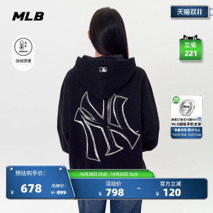 MLB官方 男女情侣潮流背标保暖加绒连帽套头卫衣冬季新款HDB07