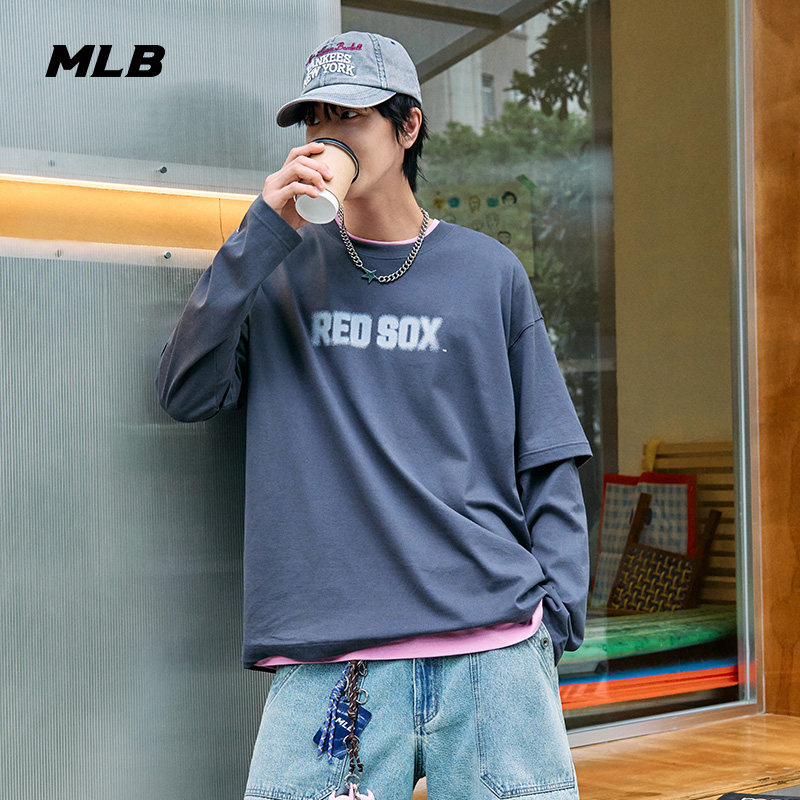 MLB官方 男女同款复古圆领运动休闲拼接长袖T恤春夏TSB08