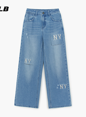 MLB官方 女款时尚潮流百搭牛仔裤刺绣LOGO阔腿裤25秋季新款DPG03