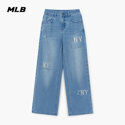 MLB官方 女款韩系时尚潮流百搭牛仔裤刺绣LOGO阔腿裤DPG03