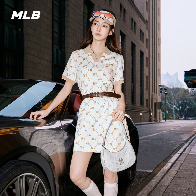 MLB官方 女款polo领满印钻石老花时尚运动连衣裙夏季新款OPM04