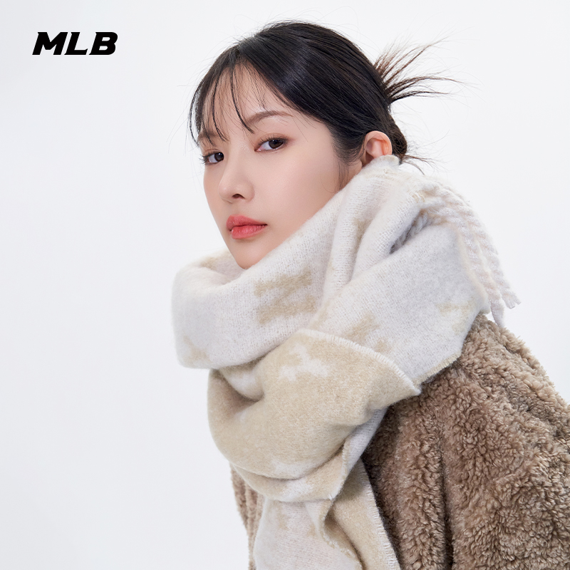 MLB官方男女情侣复古保暖百搭满印老花含羊毛围巾25冬季新款MFM01