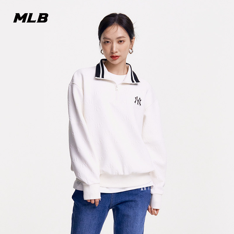 MLB官方 男女情侣百搭半拉链暗纹老花撞色时尚卫衣春夏新款MTM03