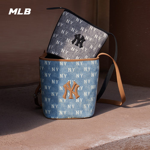 MLB官方男女情侣老花可调节小号牛仔水桶包25秋冬新款BMMV5/BMMV6
