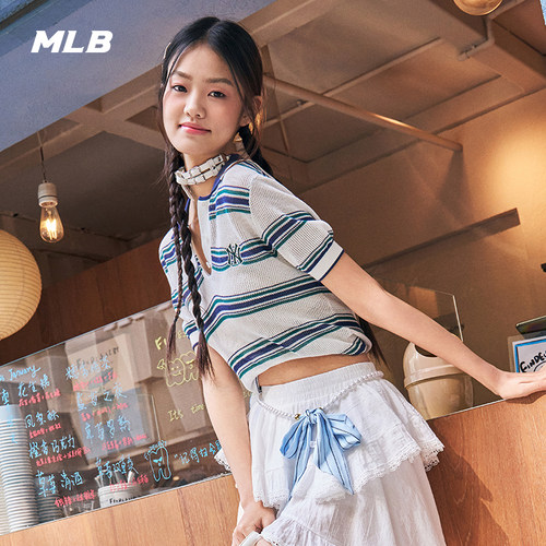 MLB官方 女款休闲百搭舒适条纹短袖针织套衫26夏季新款潮流KPV09