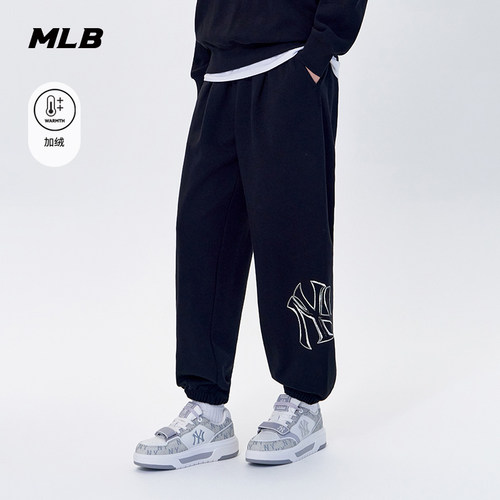 MLB官方男女情侣保暖加绒百搭大LOGO休闲束脚长裤冬季新款PTB21