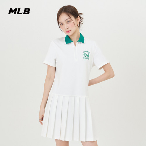 MLB官方 女款学院风连衣裙半拉链刺绣logo百褶裙OPV04 - 封面