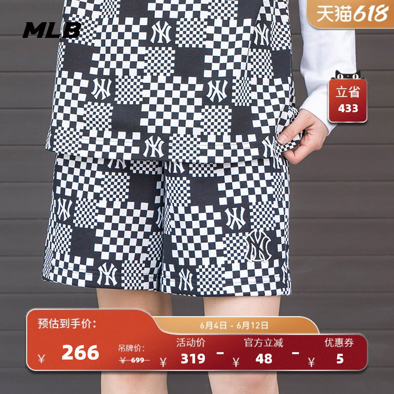 MLB官方 男女情侣棋盘格运动短裤休闲套装时尚夏季SPECE/TSECE