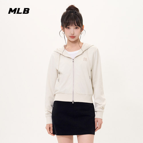 MLB官方女款小logo钻石老花连帽拉链纯色休闲卫衣春夏新款TRM01