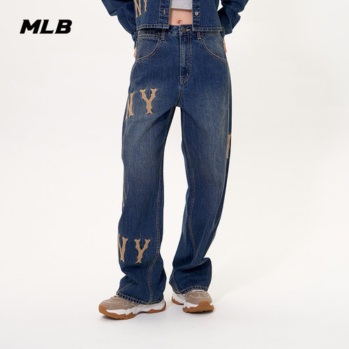 MLB官方 女款时尚潮流百搭刺绣LOGO弯刀牛仔长裤25秋季新款DPG02