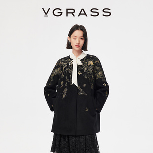 羊驼毛混纺定位绣双面呢大衣女 VGRASS26早春新款 马上有戏